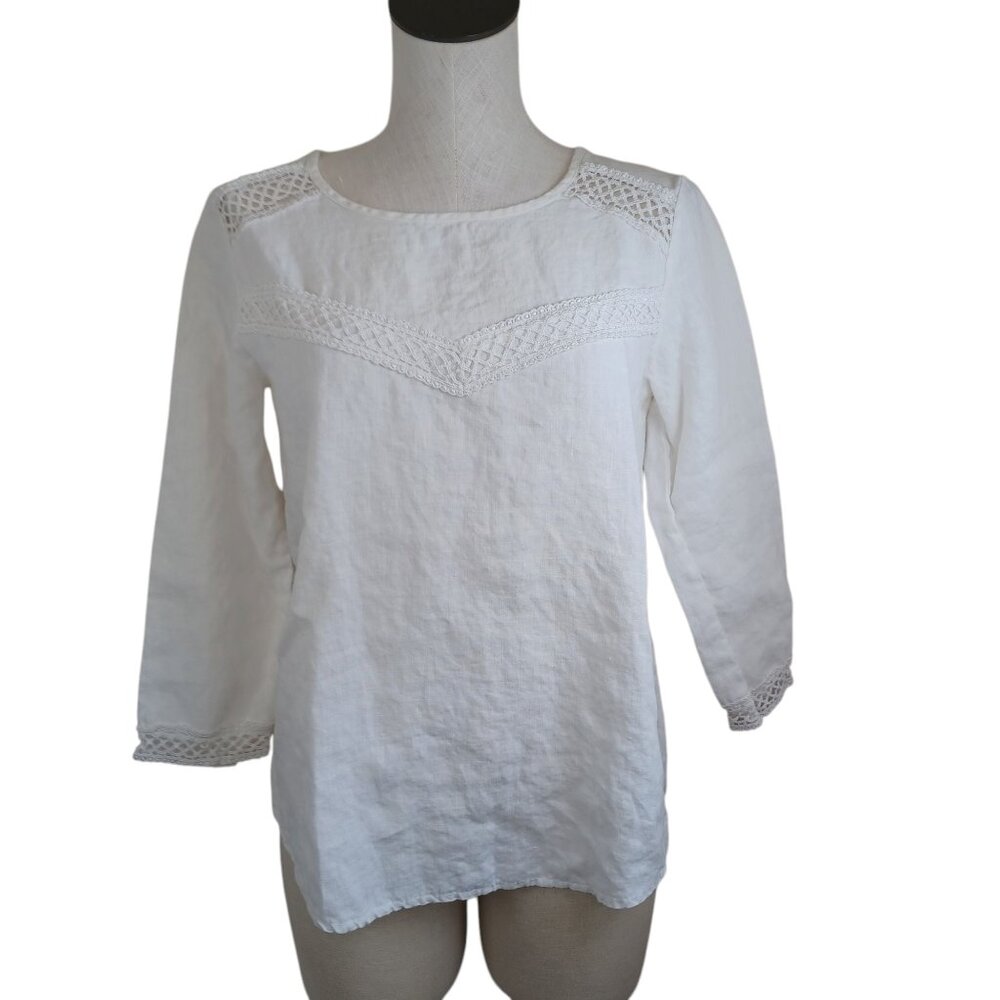 Elena Baldi Blouse White Linen Popover Tunic Lace Detail Womens Small